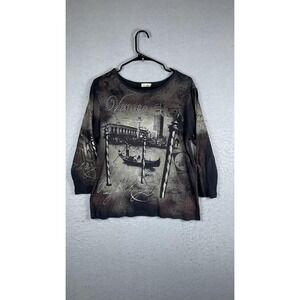 Cactus Shirt Womens Large Brown Black Venice Graphic 3/4 Sleeve Scoop Neck